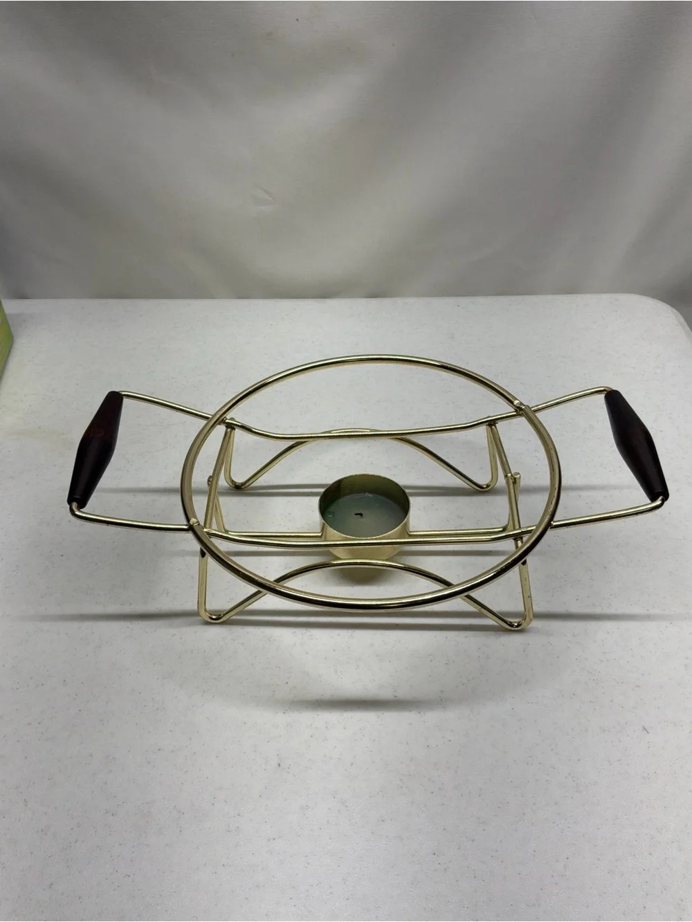 Vintage MCM Gold Tone and Wood Round Dish Holder/Warmer 8